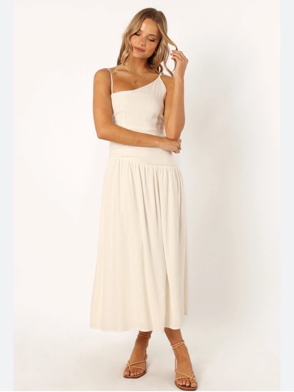 Petal & Pup Cream One-Shoulder Midi Linen Dress